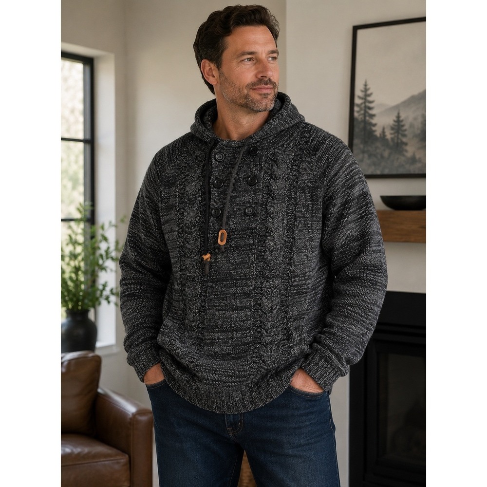 Coofandy Mens XL Charcoal Gray Cable Knit Hoodie Button Neck Pullover Sweater